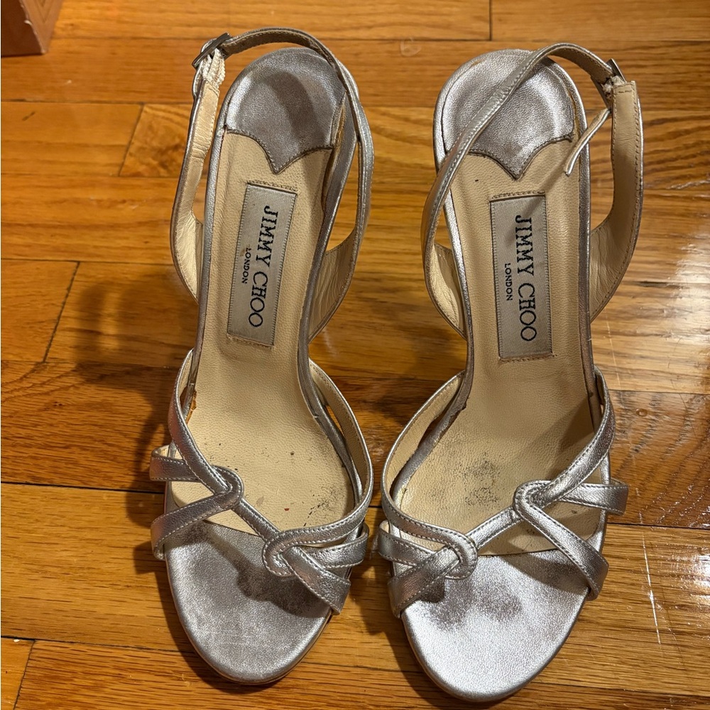 Jimmy Choo Silver Leather Strappy Heels Sandals Size 6 – Professionally Restored